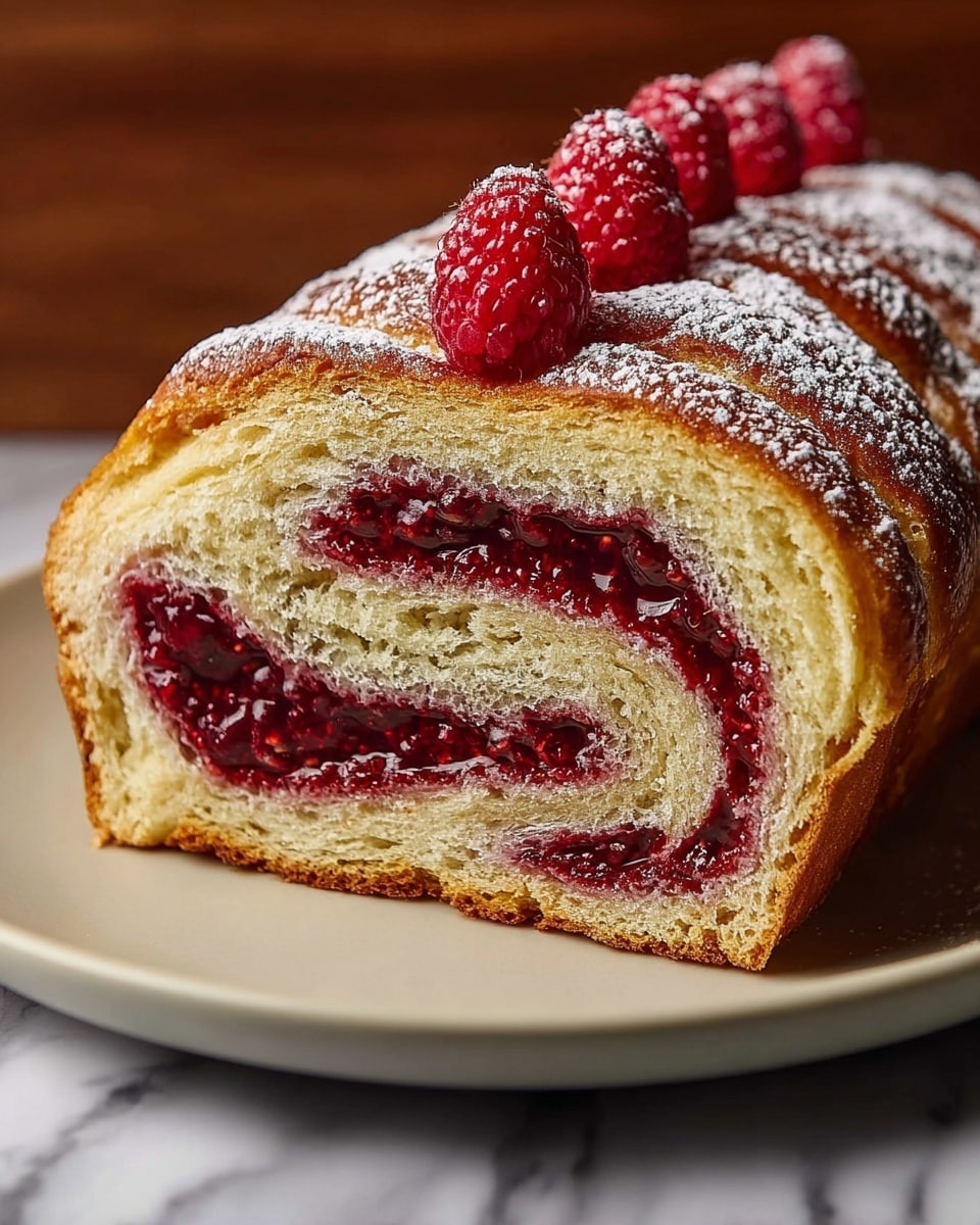 The image shows a close-up of a sliced pastry with three main layers. The bottom layer is a soft, golden-brown baked dough. Above it is a thick, deep red raspberry jam with visible seeds, looking glossy and slightly textured. The top layer is a soft, light golden bread with a slightly braided pattern and dusted with fine white powdered sugar. On top of the pastry are several fresh, bright red raspberries, spaced evenly along the braided top. The pastry rests on a white plate, and the background is a white marbled texture. photo taken with an iphone --ar 4:5 --v 7