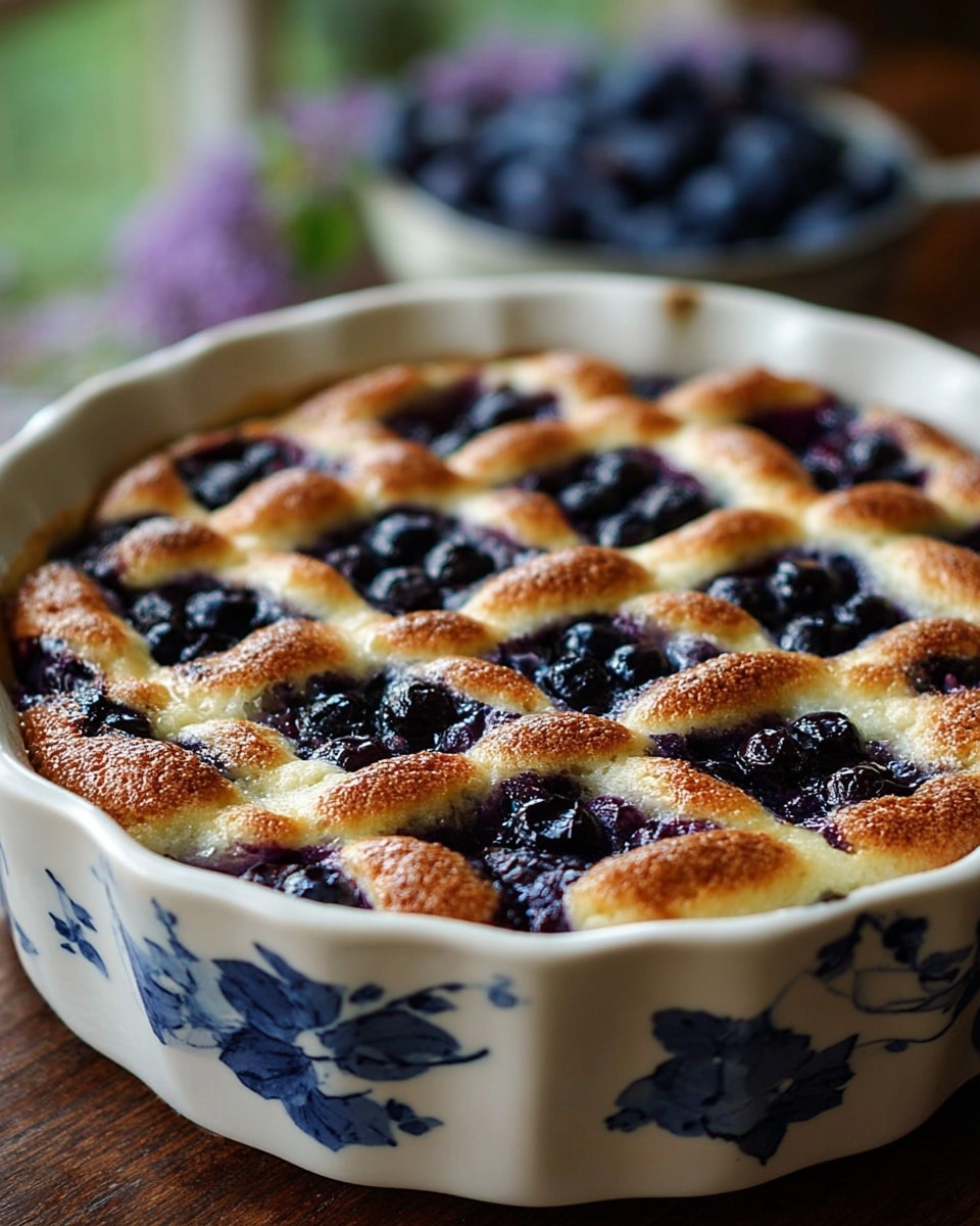 A baked blueberry dessert is shown in a white baking dish with blue floral patterns on the sides, sitting on a white marbled surface. The dessert has one thick layer of golden-brown crust with a slightly bumpy texture, dotted generously with plump, dark blue blueberries that are partly sunken into the crust and some resting on top, creating dimples filled with juicy berry flesh. The crust has a sugary, slightly crispy look with a few light, soft areas around the berries, making the surface uneven and inviting. In the background, there is a soft blur hinting at greenery, suggesting natural light from a window. Photo taken with an iphone --ar 4:5 --v 7