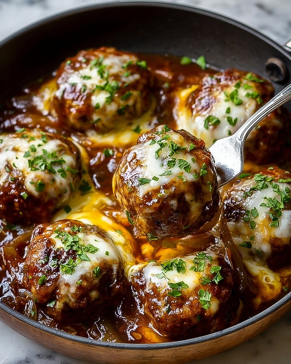 The image shows six large meatballs covered in melted white cheese and glossy brown sauce, arranged closely in a white bowl. Each meatball has a browned, slightly crispy top, with some cheese dripping down the sides. Small sprinkles of green herbs are scattered on top, adding a fresh contrast. The sauce is thick and rich, pooling at the bottom and around the meatballs, with some cooked onion slices visible in the sauce. A silver fork is lifting one meatball, revealing its juicy texture underneath the cheese. Photo taken with an iphone --ar 4:5 --v 7