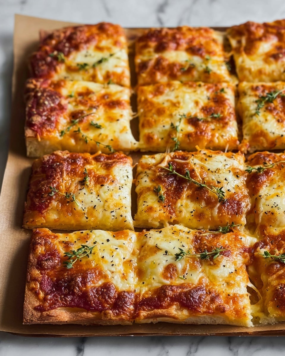 The image shows a rectangular pizza cut into twelve square slices, placed on a dark baking tray on top of a white marbled surface. The pizza has a golden brown crust with some bubbly, slightly charred edges, and is topped with melted cheese that covers the whole surface, showing patches of creamy white and golden yellow with some browned spots. There is a sprinkling of black pepper and small green herb leaves scattered on top, with a small sprig of fresh thyme placed in the center for decoration. photo taken with an iphone --ar 4:5 --v 7