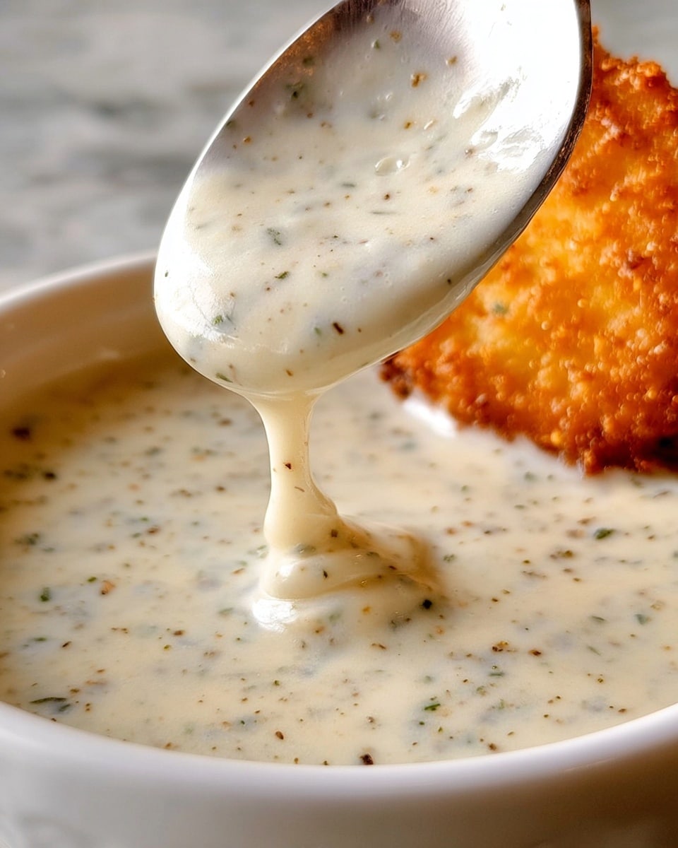 The image shows a close-up of a spoon lifting creamy white ranch dressing with small bits of herbs and spices, with a smooth, slightly thick texture that stretches down from the spoon to the bowl below. In the blurred background, there is a crispy, brown fried item partially visible, adding a contrasting texture to the scene. The bowl is white, and the dish is set against a white marbled surface. photo taken with an iphone --ar 4:5 --v 7