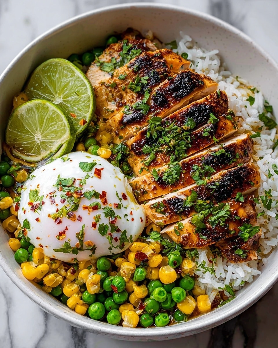 A white bowl with four main layers is shown on a white marbled surface. The bottom layer is fluffy white rice spread evenly. On top of the rice, there are bright yellow grilled corn kernels mixed with green peas, creating a colorful vegetable layer with some charring. Next to the vegetables, slices of grilled chicken with a golden-brown and slightly charred crust are neatly arranged in a row. On top of one side of the chicken, there is a soft poached egg with a runny yolk visible, sprinkled with red spices and chopped green herbs. Two fresh lime slices are placed on the edge of the bowl as a garnish. Photo taken with an iphone --ar 4:5 --v 7