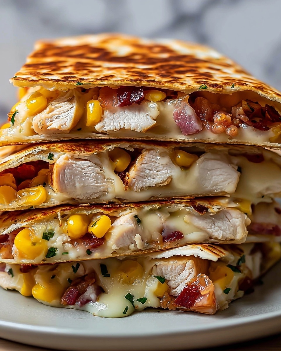 The image shows a close-up of a stack of three toasted quesadilla slices on a white plate, each slice filled with layers of melted cheese, golden corn kernels, crispy reddish-brown bacon pieces, and thick slices of cooked white chicken. The quesadilla tortilla is light golden brown with darker toasted spots, slightly puffed and soft. The melted cheese stretches slightly between the folded layers, and small green herbs are scattered on the cheese and bacon. The scene is set on a white marbled surface. photo taken with an iphone --ar 4:5 --v 7