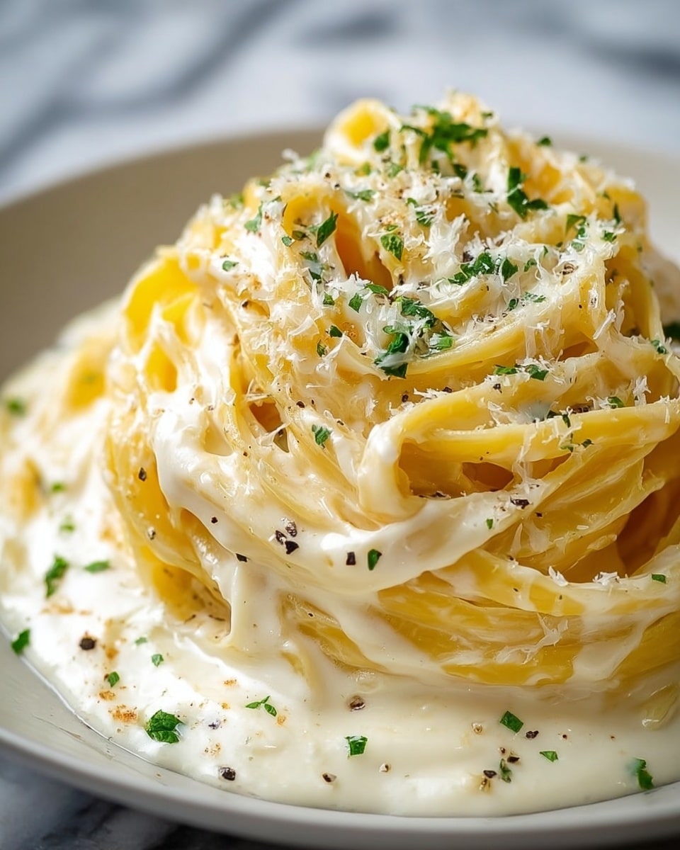 A close-up view of a plate with creamy pasta, showing one main layer of fettuccine noodles coated in smooth white sauce. The noodles are light yellow and slightly glossy, intertwined and piled in the center of the white plate. On top of the pasta, small green parsley pieces add spots of color, with a light sprinkling of grated white cheese and tiny black pepper flakes. The plate rests on a white marbled textured surface, making the creamy pasta stand out. Photo taken with an iphone --ar 4:5 --v 7
