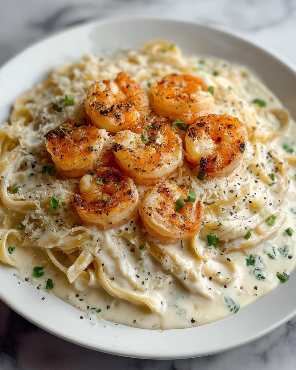 A white plate holds a creamy pasta dish with three visible layers: the bottom layer is thick, pale yellow fettuccine noodles covered in a smooth, white cream sauce that pools slightly around the edges; the middle layer is shredded white cheese melted over the pasta; the top layer consists of seven pink-orange grilled shrimp arranged in a circular pattern in the center, each with a slight char and sprinkled with black pepper and small green herb pieces. The whole dish sits on a white marbled surface. photo taken with an iphone --ar 4:5 --v 7