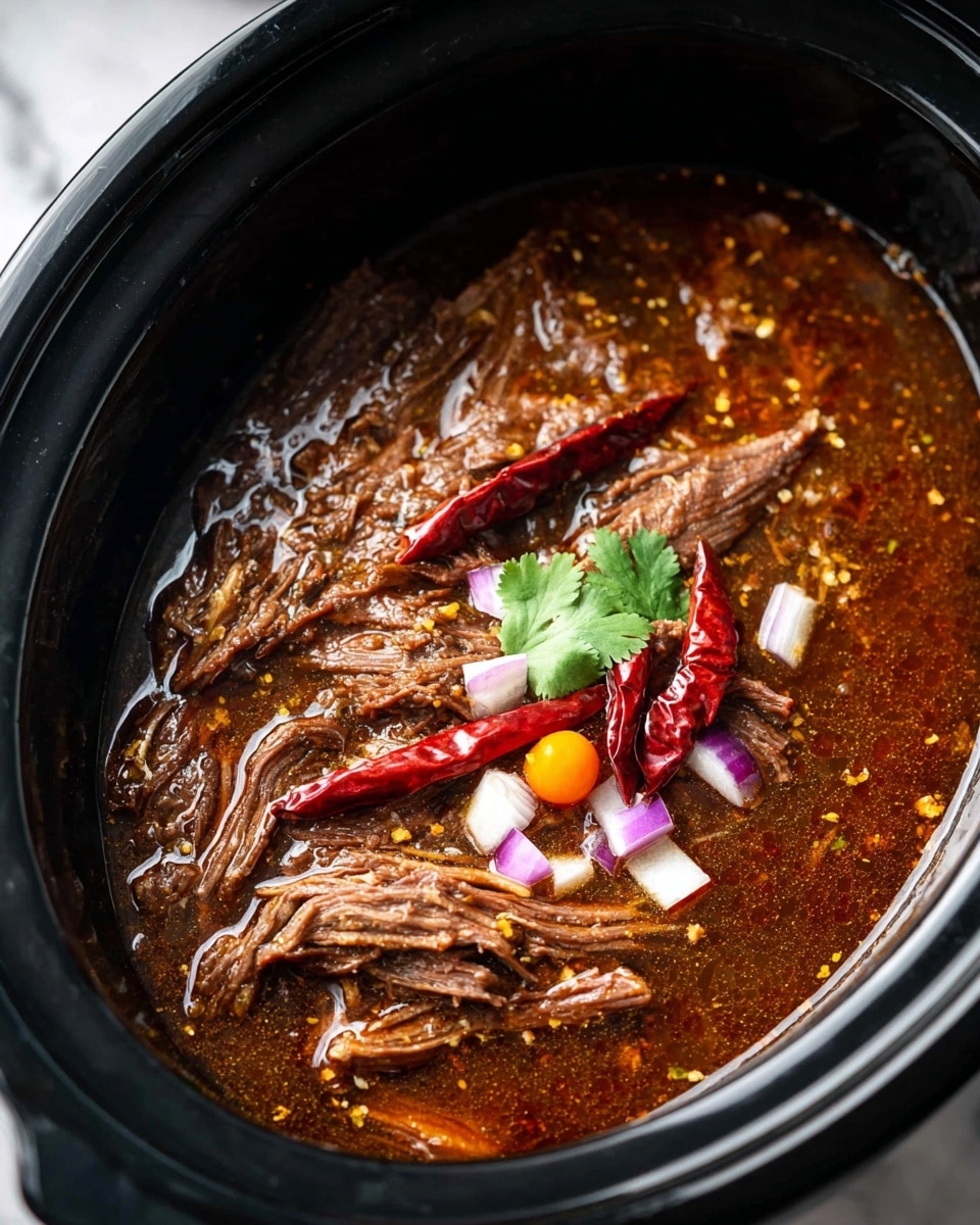 A close-up image of a slow cooker filled with a rich, dark brown broth covering three large pieces of shredded meat layered side by side. On top of the meat, there are thin slices of white onion, two deep red dried chili peppers, and a small green cilantro leaf resting near the center. The surface of the broth has a shiny, oily texture with small bits of seasoning scattered throughout. The slow cooker is black with a curved edge, placed on a flat white marbled texture. photo taken with an iphone --ar 4:5 --v 7