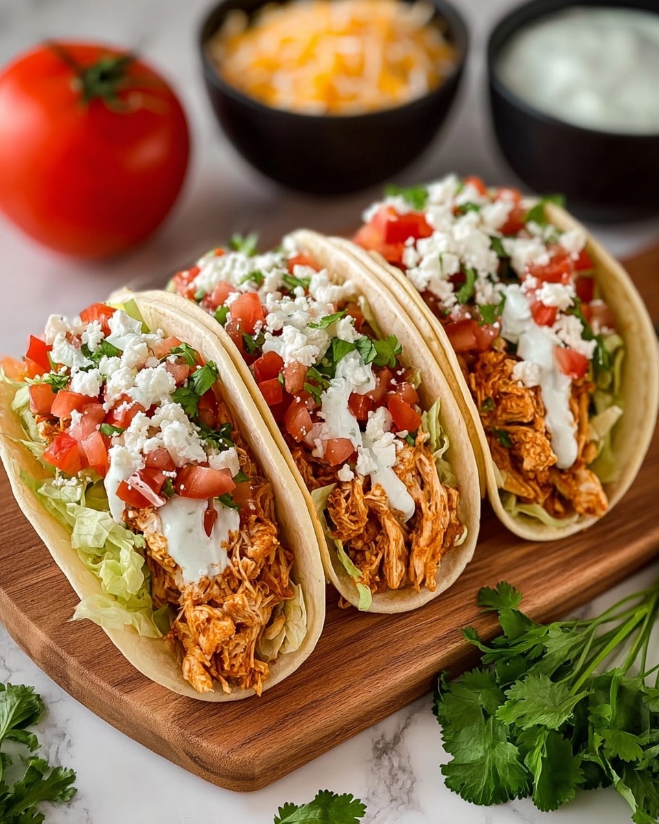 Three soft tacos are placed side by side on a wooden board. Each taco has three main layers inside the white tortilla shells: shredded lettuce at the bottom, a thick layer of shredded orange-brown chicken, and a topping of chopped red tomatoes, white crumbled cheese, green cilantro leaves, and some white creamy sauce drizzled on top. In the background, there are black bowls with shredded cheese and a white creamy dip, and a whole red tomato. A sprig of fresh cilantro sits on the white marbled surface near the wooden board. The photo taken with an iphone --ar 4:5 --v 7
