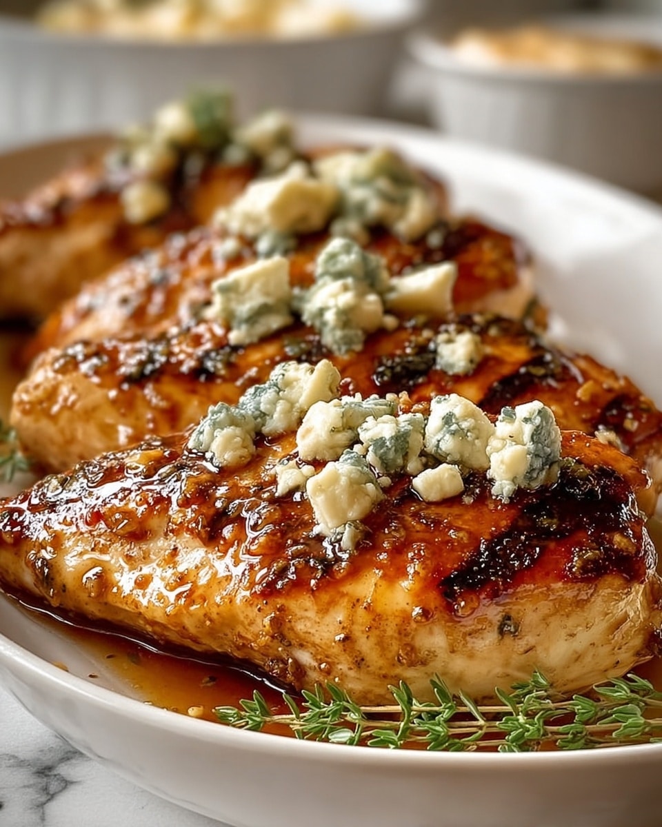Three grilled chicken breasts are placed side by side in a white bowl, each piece covered with small chunks of white and blue-veined cheese sprinkled on top. The chicken has a shiny, caramelized golden-brown crust with visible grill marks and a glaze that reflects light. A sprig of fresh green thyme rests on the chicken closest to the front, adding a touch of green. The bowl sits on a white marbled surface, and in the blurred background, another white bowl with a light food item is partially visible. photo taken with an iphone --ar 4:5 --v 7