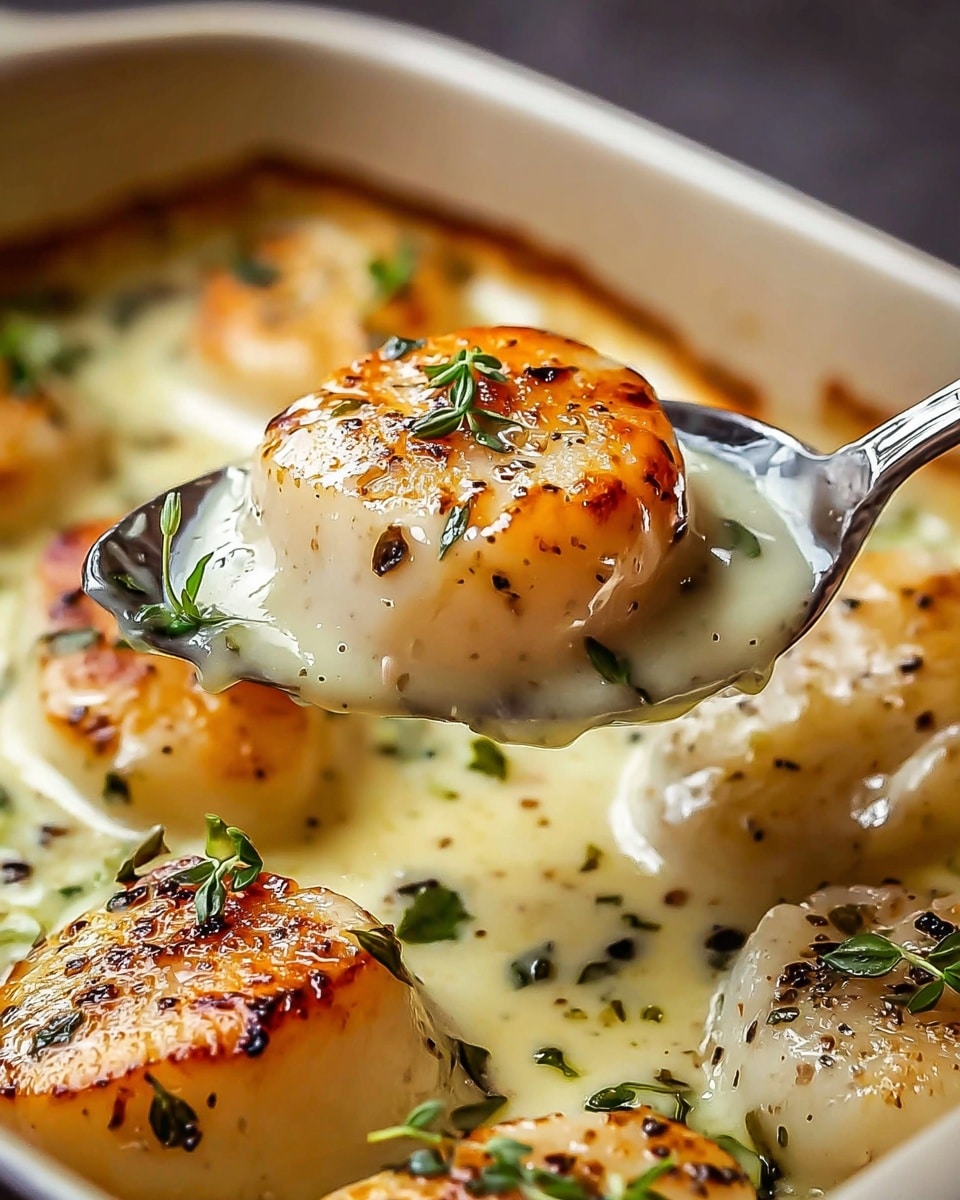 A close-up view of a baked dish showing a silver spoon lifting a portion of scallops covered in a creamy, light yellow sauce with slightly browned, golden spots on top from baking. The scallops are round and covered in a smooth, glossy sauce sprinkled with small black pepper grains and fresh green herbs, with some browned edges. The scallops sit in a white baking dish with a shiny surface, resting on a white marbled texture. photo taken with an iphone --ar 4:5 --v 7