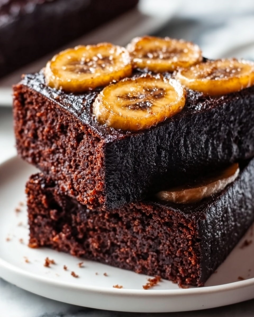 The image shows a close-up of a dark chocolate cake cut into square pieces arranged on a white plate. Each piece has a moist texture with small holes visible in the crumb. On top of every square, there are thin slices of caramelized bananas that are golden-brown with a slightly glossy, sticky surface, and sprinkled with granulated sugar crystals. The background is a white marbled texture, and a woman's hand is holding one piece of the cake. Photo taken with an iphone --ar 4:5 --v 7