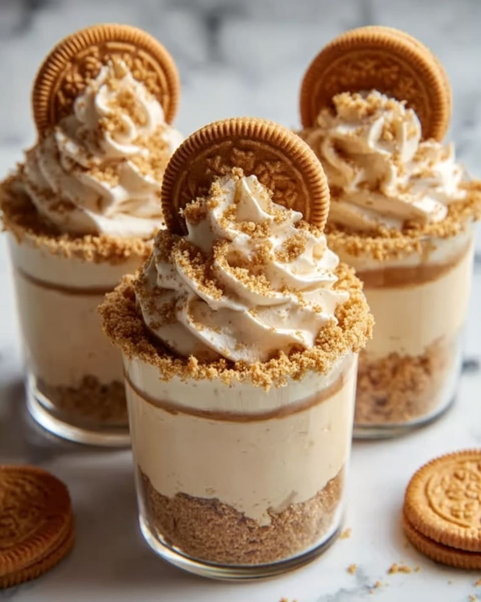 The image shows three small glass cups filled with a layered dessert. Each cup has a bottom layer made of crushed light brown cookies, topped with a smooth, creamy beige layer. On top, there is a swirl of light brown whipped cream or frosting, decorated with cookie crumbs sprinkled over it. Each cup is finished with a whole round cookie placed vertically into the cream swirl. The glasses are placed on a white marbled surface, and a woman's hand is holding one glass. The lighting is soft and warm, highlighting the creamy texture and crumbly cookie layers. Photo taken with an iphone --ar 4:5 --v 7
