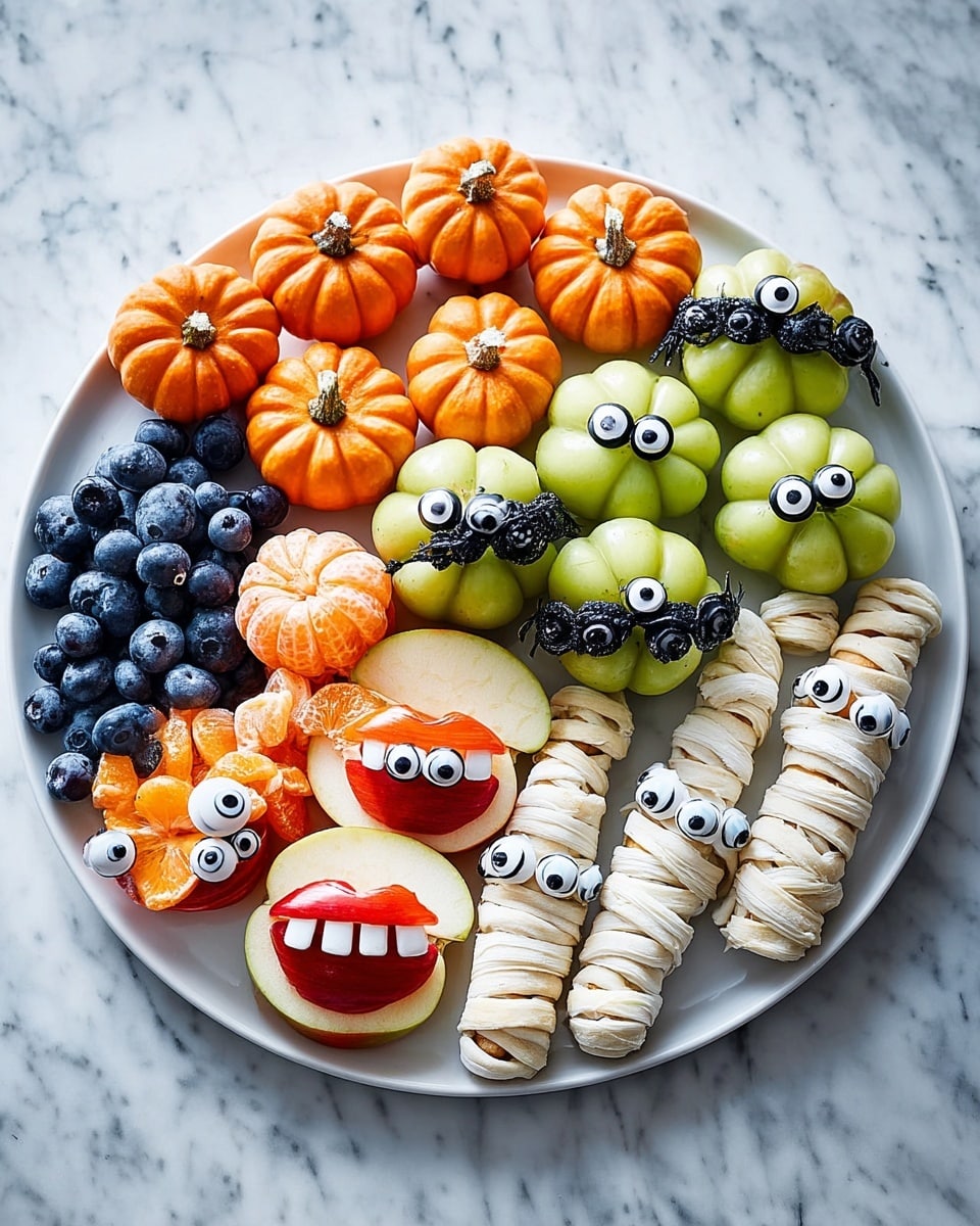 A round white plate on a white marbled surface holds a colorful Halloween-themed fruit and snack arrangement. At the top center, there are six peeled tangerines shaped like small pumpkins with green stems, their bright orange color standing out. To the right, green and black grapes are arranged in clusters, each grape decorated with small white and black candy eyes. On the left side, dark blueberries are scattered around and next to peeled lychees that have black candy eyes in the center, resembling eyeballs. Near the bottom left, red apple slices are clipped together with white almond slivers between them to look like mouths with teeth. Finally, at the bottom right, white strips of tortilla wraps are wrapped around to look like mini mummies with candy eyes, creating a fun Halloween snack display. Photo taken with an iphone --ar 4:5 --v 7