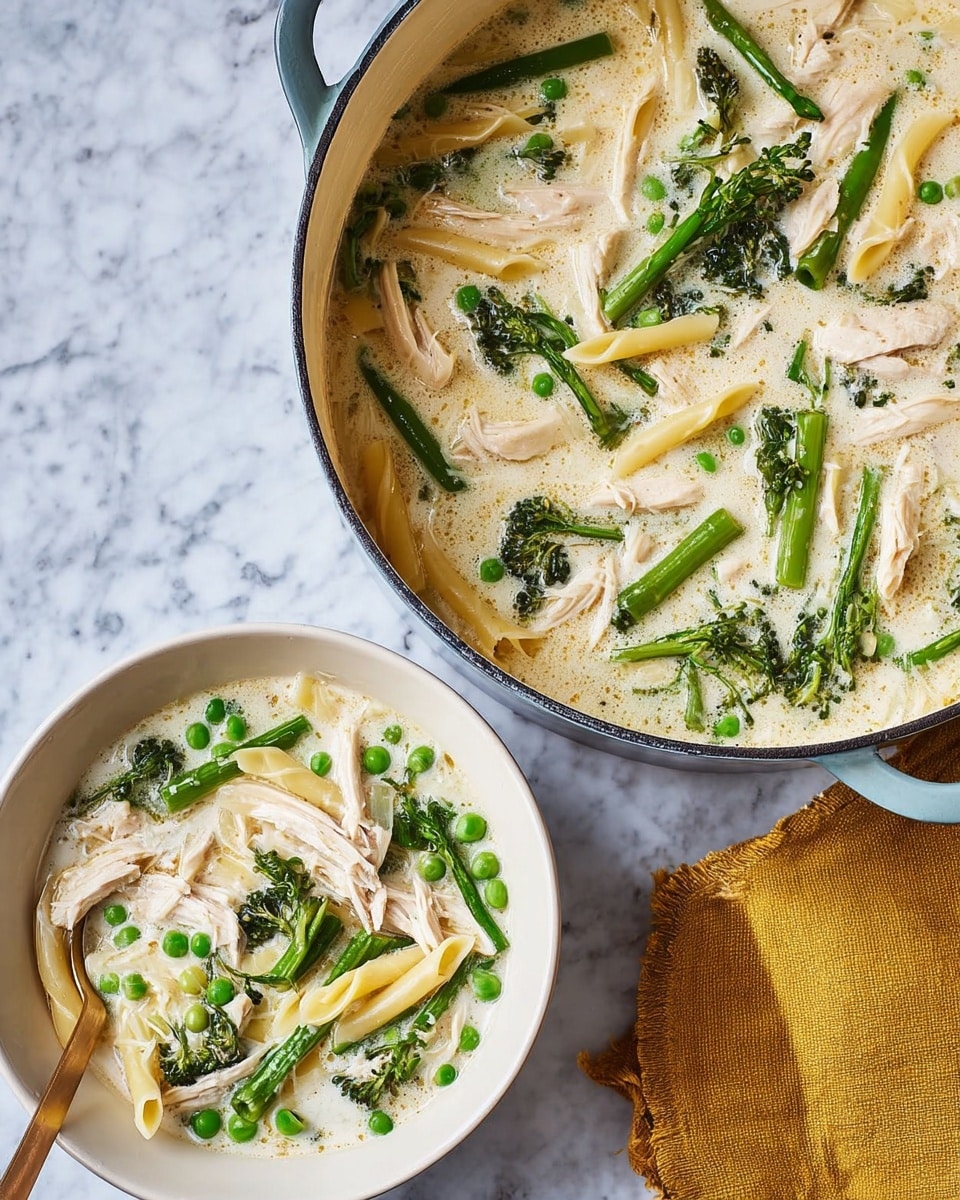 The image shows a white pot and a white bowl both filled with a creamy soup that has visible layers. The base layer is a light cream color with a smooth texture, covering the entire dish. Floating on top are small green peas, bright green broccolini stalks, and leafy green herbs evenly spread out. There are also light beige strips of shredded chicken and pale yellow macaroni noodles scattered within the soup. The soup looks rich and thick, with all ingredients mixed but distinct. The pot and bowl sit on a white marbled surface, with a folded mustard yellow cloth next to them. Photo taken with an iphone --ar 4:5 --v 7