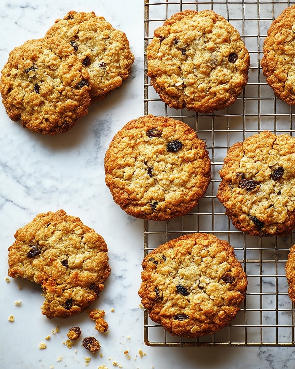 The image shows seven oatmeal raisin cookies with a golden-brown color and a rough, crumbly texture. Six cookies are placed on a metal cooling rack, while one cookie and some crumbs rest directly on the white marbled surface. Each cookie is round but with slightly uneven edges, showing visible raisins and oats embedded throughout. The cookies have a crispy outer edge and a slightly puffier center, giving a homemade look. Photo taken with an iphone --ar 4:5 --v 7