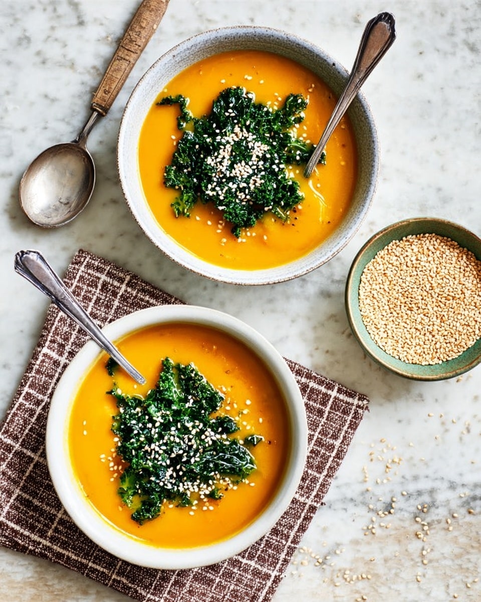 Two white bowls are filled with smooth orange soup, each topped with a layer of dark green leafy kale and sprinkled with small white sesame seeds. One bowl rests on a brown and white checkered cloth with a silver spoon placed inside it, while the other bowl has a silver spoon placed beside it on a surface with a white marbled texture. Above the bowls, a small rustic clay bowl holds extra sesame seeds, some of which are scattered around it. The scene shows a top-down view. photo taken with an iphone --ar 4:5 --v 7