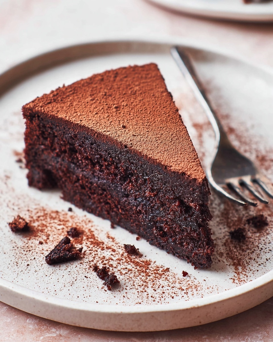 A single slice of dark chocolate cake sits on a white plate, showing one thick layer of moist, dense chocolate with a slightly rough texture. The top is dusted with cocoa powder giving it a fine, powdery, dark brown coat. There are small crumbs scattered around the cake slice on the plate, and a silver fork lies in front of the slice. The scene is set on a white marbled surface with another blurred chocolate cake and slice visible in the background. photo taken with an iphone --ar 4:5 --v 7