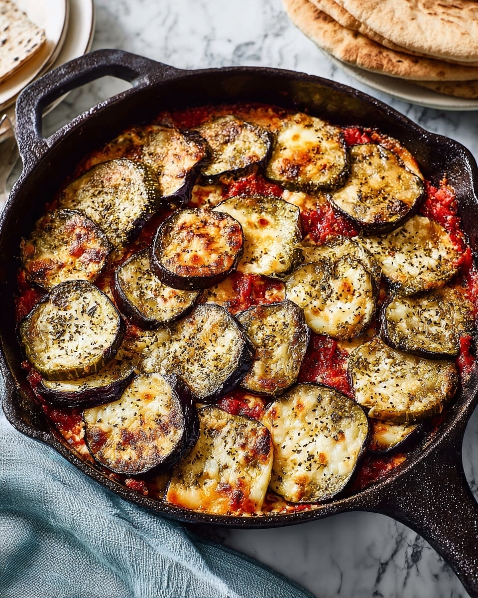 A black round skillet filled with layered slices of roasted eggplant and white cheese, arranged in a circular pattern. The eggplant slices are dark purple with golden brown edges, showing a slightly charred texture, while the cheese pieces are creamy white with some browned spots. Between the layers, bits of bright red tomato sauce are visible, adding contrast. The entire dish is sprinkled with black pepper and herbs. The skillet sits on a white marbled surface with a light blue cloth underneath and some stacked flatbreads in the top left corner. photo taken with an iphone --ar 4:5 --v 7