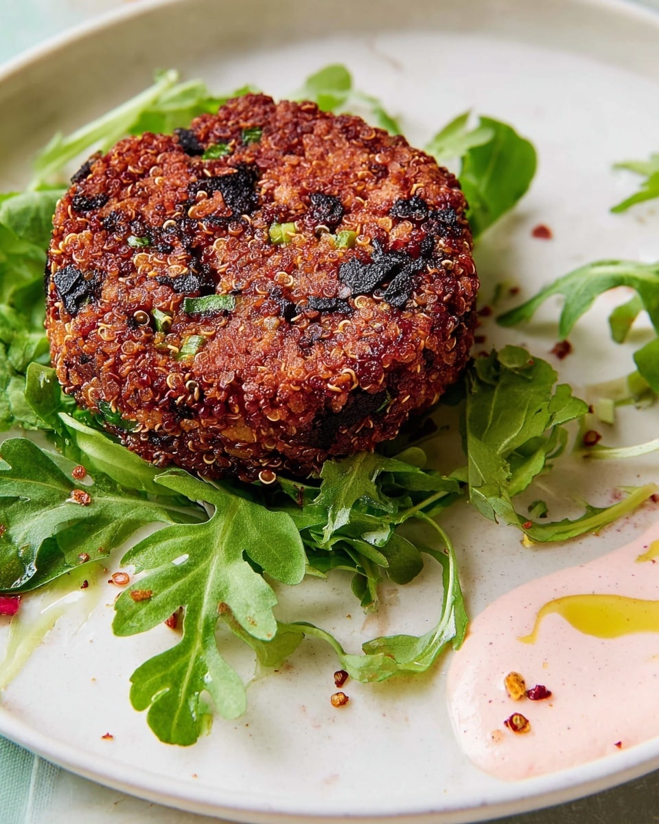 The image shows a single reddish-brown quinoa patty with visible black and green bits, placed on a bed of fresh green leafy herbs, including cilantro and arugula, on a white plate. The quinoa patty has a slightly crispy texture with some darker charred spots and coarse salt sprinkled on top. To the right, there are small smears of light pink sauce and a drizzle of olive oil on the white marbled surface of the plate, along with a few scattered pepper flakes and herb stems. photo taken with an iphone --ar 4:5 --v 7