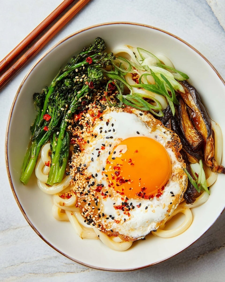A white bowl holds a colorful dish with three main layers visible. The bottom layer consists of light brown, thick udon noodles arranged in a loose pile on one side. On top of the noodles, there are green vegetable stalks that look like broccolini and light green sliced scallions scattered around. Next to the noodles and vegetables on one side, there is a fried egg with a bright orange yolk and crispy golden edges, sprinkled with black sesame seeds and red chili flakes. The bowl is set on a white marbled surface, with wooden chopsticks resting beside it, and a small white bowl of black sesame seeds nearby. Photo taken with an iphone --ar 4:5 --v 7