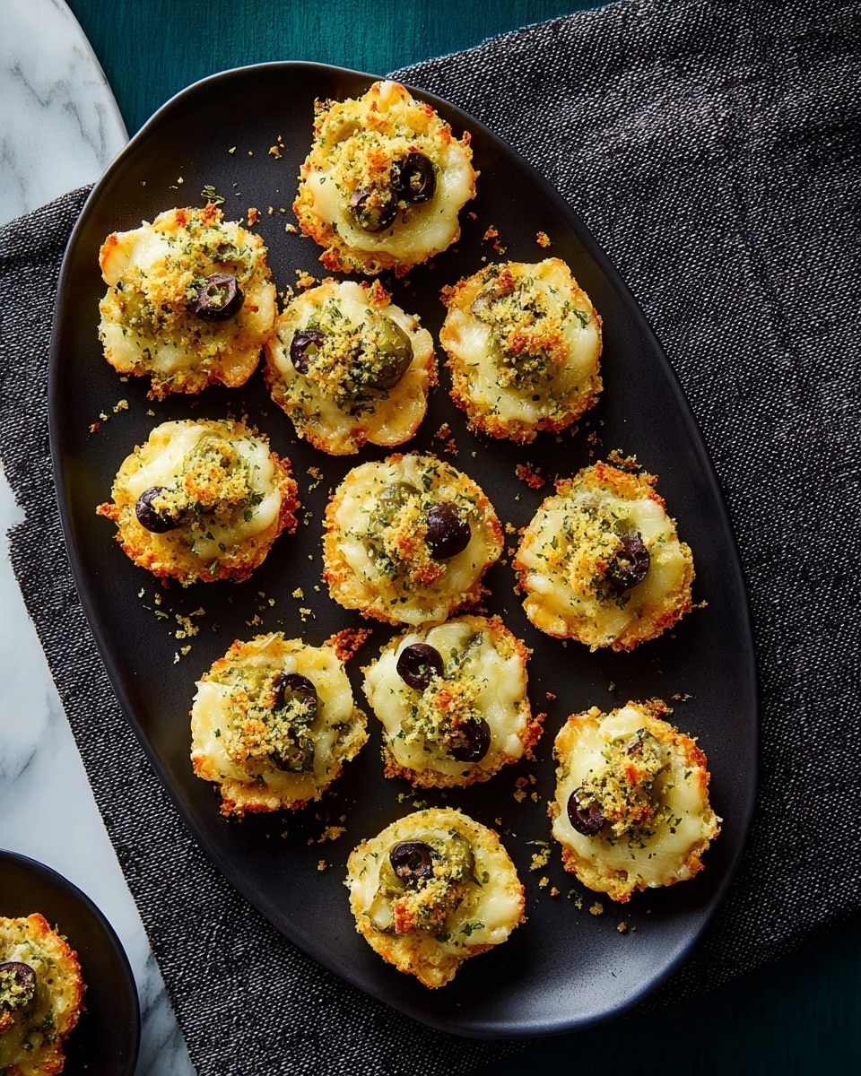 On a black oval plate, there are eleven small muffin-shaped savory bites arranged loosely. Each bite has a golden-brown crispy top layer with melted light yellow cheese and breadcrumbs with a rough texture visible on some. Underneath, the middle layer shows bits of black olives and green herbs mixed with small chunks of browned ingredients that could be cooked vegetables or meat. The base layer is a pale yellow, cheesy and soft, possibly made of macaroni or mashed potatoes with a creamy texture. The plate is placed on a dark textured cloth surface with a white marbled texture background nearby. photo taken with an iphone --ar 4:5 --v 7