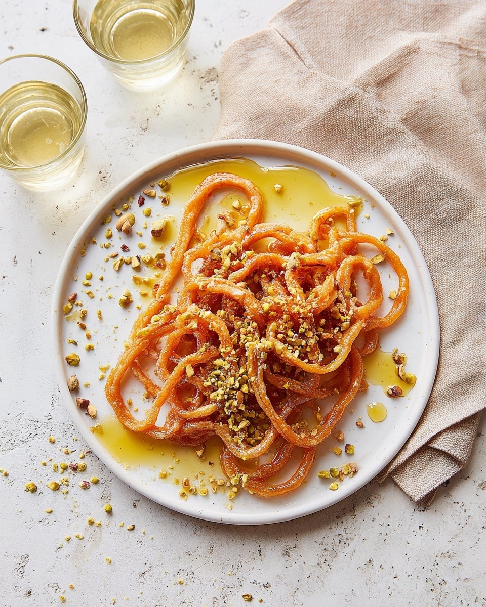 The dish shows several twisted, golden-brown fried spirals stacked loosely on a white plate. The crispy spirals have a rough, airy texture and are drizzled with a shiny layer of yellow honey over and around them. Small pieces of crushed green pistachio nuts are sprinkled on top and scattered gently around the plate. The plate sits on a light gray cloth, which is placed on a surface with a white marbled texture. Two glasses filled with a pale yellow drink are visible in the top left corner. photo taken with an iphone --ar 4:5 --v 7