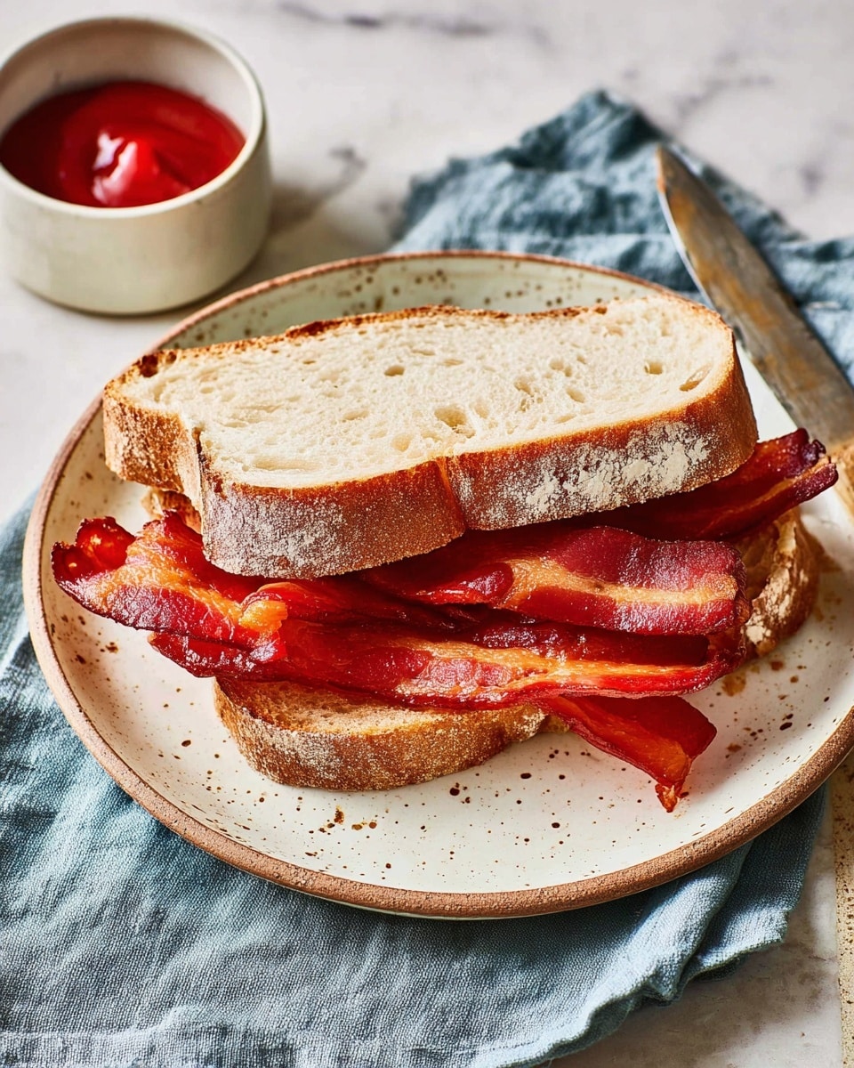 The image shows a sandwich on a white plate with a speckled pattern, placed on a white marbled surface. The sandwich has two thick slices of rustic bread, light brown with a crusty texture and soft white inside. Between the slices are two layers of crispy bacon strips, reddish-brown with some darker charred edges. Next to the plate, there is a small white bowl filled with thick, bright red ketchup. A folded light blue cloth napkin is partially visible on the left side. The background is softly blurred with a muted color tone. photo taken with an iphone --ar 4:5 --v 7