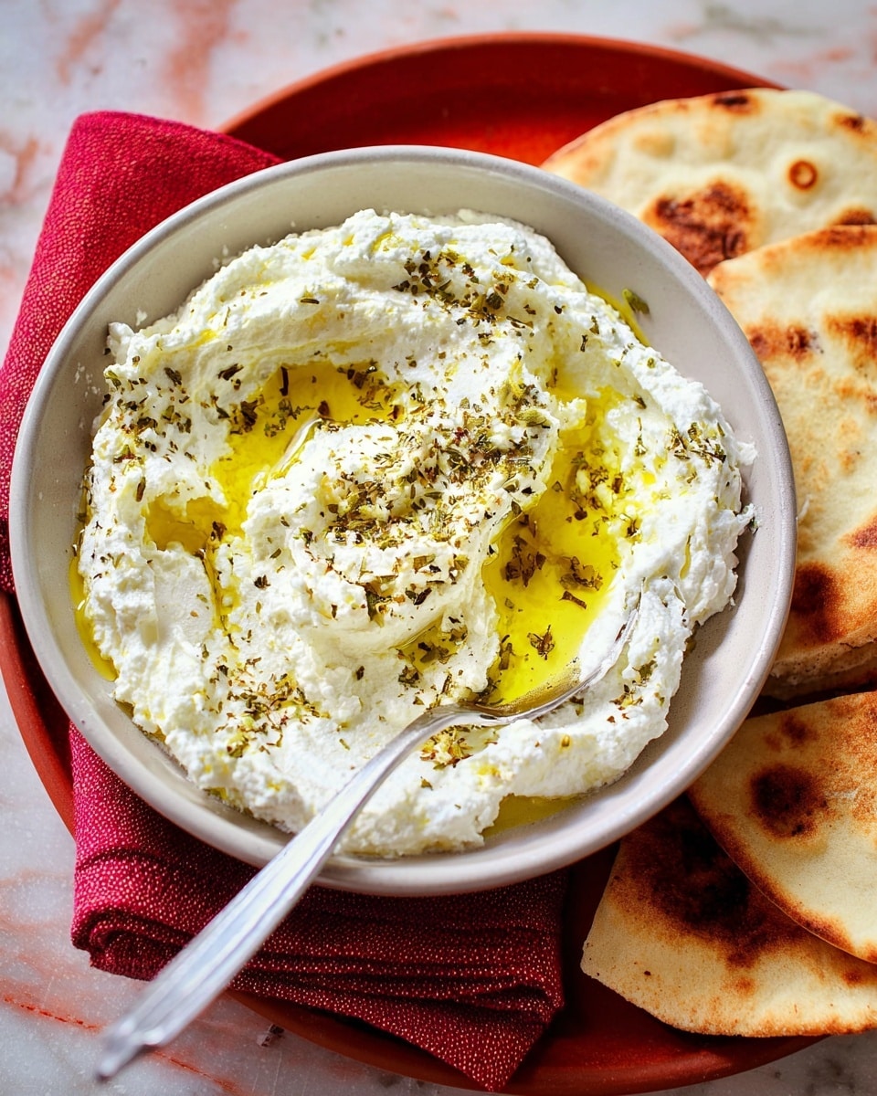 A shallow white bowl filled with a creamy white cheese spread that has a soft, slightly crumbly texture, swirled through with a pool of golden olive oil in the center, and sprinkled lightly with greenish-brown herbs on top. A metal spoon rests inside the bowl, partially submerged in the cheese and oil mix. To the right of the bowl, there are two pieces of toasted flatbread with light brown grill marks, placed on a bright red cloth. The scene sits on a white marbled surface. photo taken with an iphone --ar 4:5 --v 7