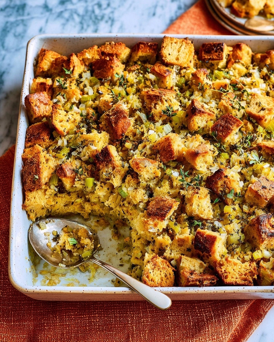 The image shows a white rectangular baking dish filled with a baked bread casserole. The dish has uneven large bread pieces, toasted to a golden brown color on top, mixed with chopped cooked celery and herbs scattered evenly throughout. The texture of the bread is crusty on top and soft inside, with the celery adding a slightly green hue and moist look. The casserole is placed on an orange cloth with a white marbled surface underneath. To the right of the dish is a silver spoon, and on the left side, part of a white plate with a light pink napkin and a stack of forks can be seen. Photo taken with an iphone --ar 4:5 --v 7