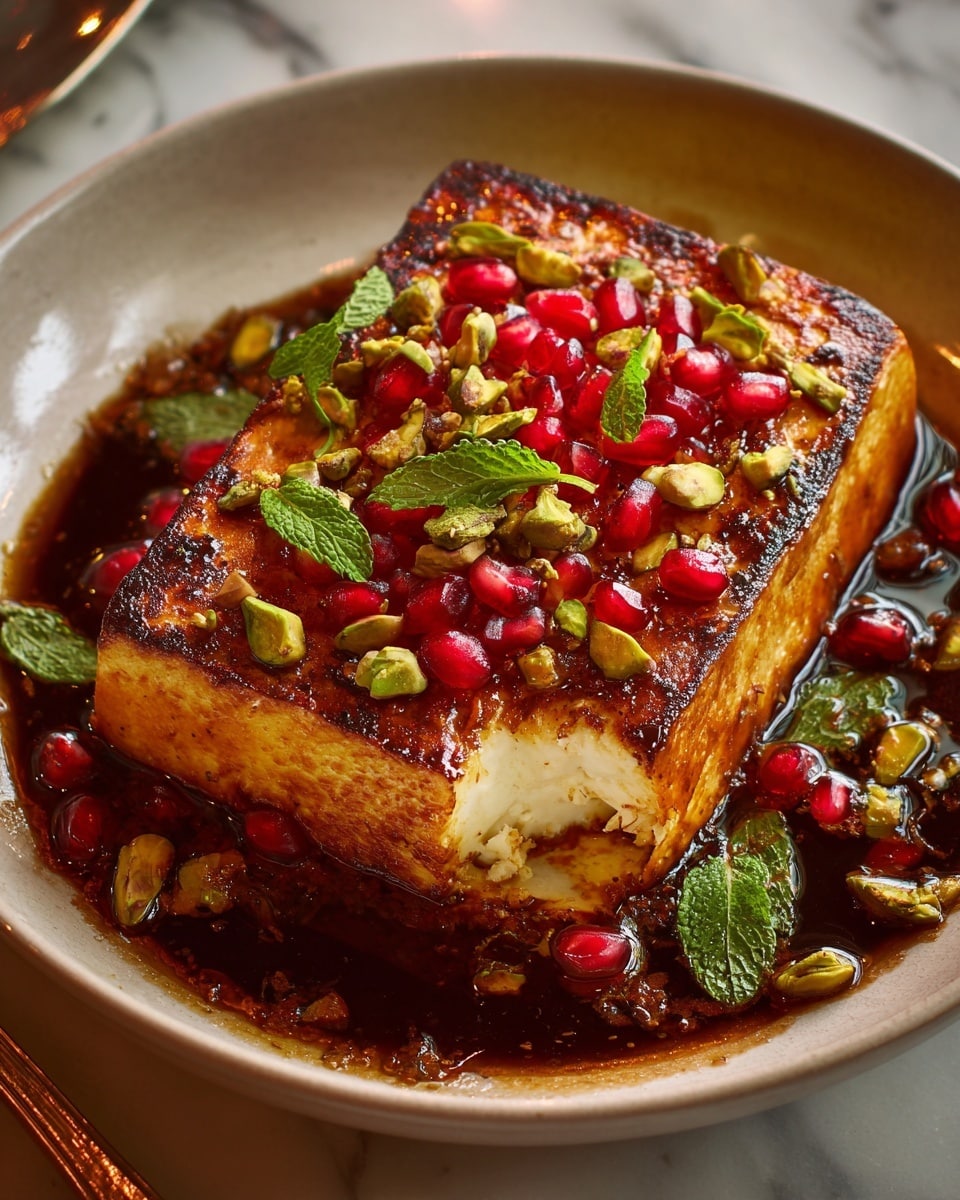 A square piece of golden-brown grilled tofu sits in the center of a round white ceramic bowl filled with a dark, glossy sauce. The tofu has a bite taken out from the bottom right corner, revealing a soft and crumbly white interior. On top are scattered bright red pomegranate seeds, crushed green pistachios, and fresh green mint leaves, adding pops of color and texture. The bowl is placed on a white marbled surface, giving a clean and bright background to the rich dish. photo taken with an iphone --ar 4:5 --v 7