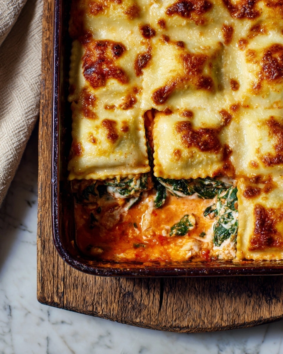 A close-up view of a dark baking dish filled with three layers of baked ravioli. The top layer shows many square-shaped ravioli pieces covered in a golden-brown melted cheese layer, bubbly and slightly crisp on top. The middle layer has green cooked spinach mixed within a creamy sauce that looks thick and light orange in color. The bottom layer reveals a red tomato-based sauce with some herbs and small pieces of spinach, visible where some ravioli has been removed from one corner. The baking dish is set on a rustic wooden board, all placed on a white marbled texture surface. photo taken with an iphone --ar 4:5 --v 7