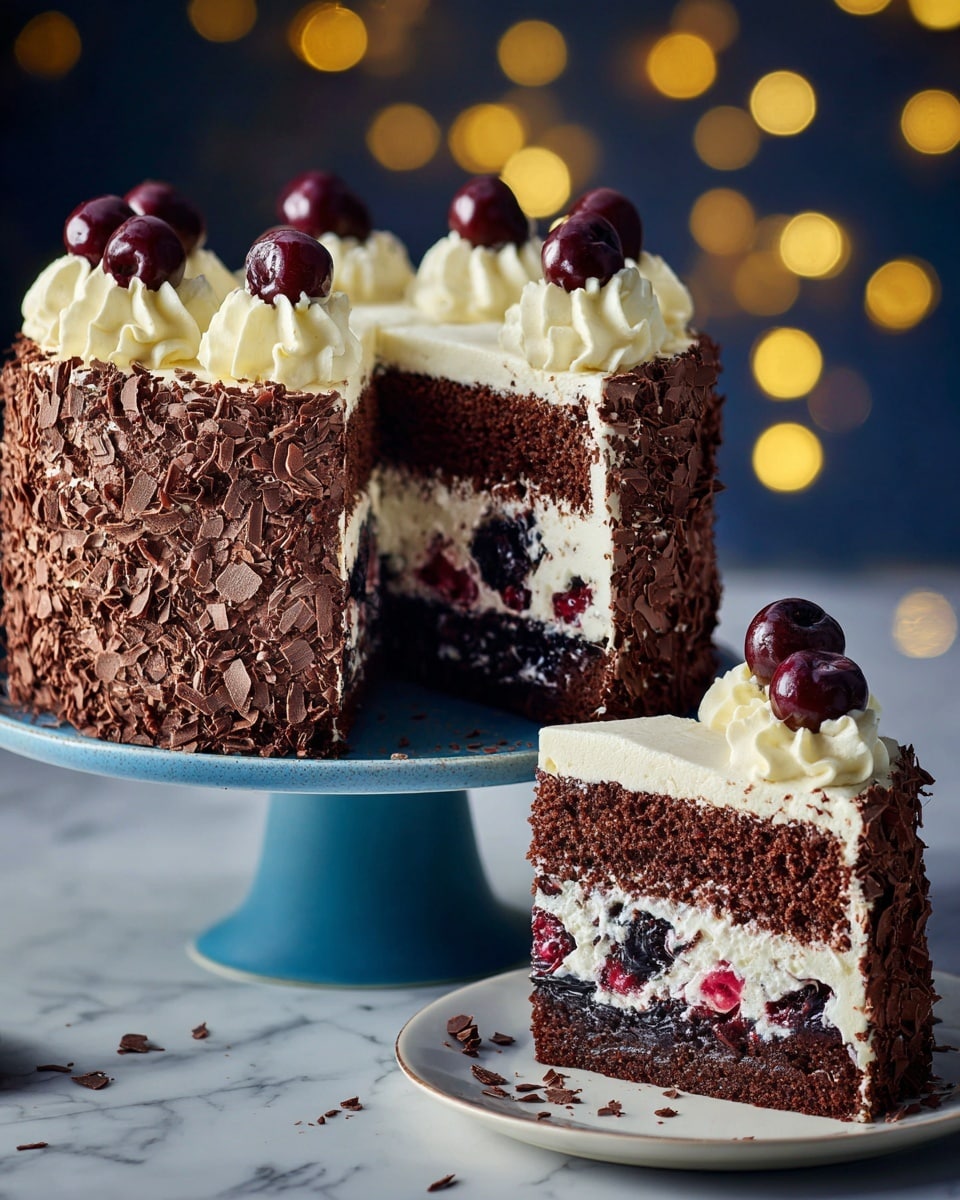 A tall, layered chocolate cake covered on the outside with dark chocolate shavings sits on a deep blue cake stand against a white marbled texture. The cake has three main layers: two thick, dark brown chocolate sponge layers sandwich a middle layer filled with whole dark cherries and white cream. The top layer is whipped cream, decorated with swirls evenly spaced around the edge, each topped with a shiny dark cherry. A slice cut from the cake reveals the creamy, cherry-studded center and rests on a white plate nearby, showing its moist texture and rich layers. The scene has warm bokeh lights softly glowing in the background. Photo taken with an iphone --ar 4:5 --v 7