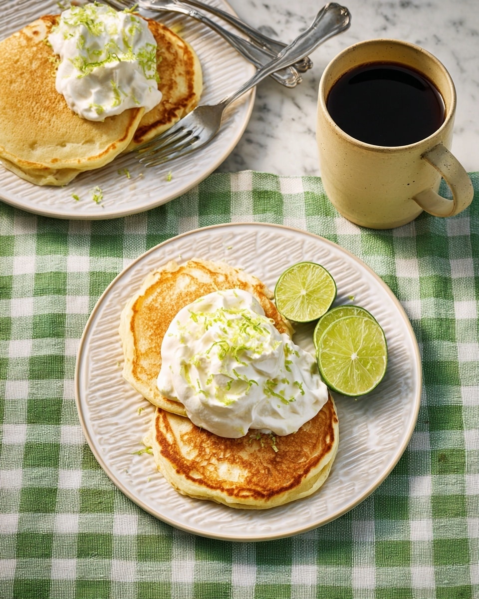 A plate holds a stack of three golden-brown pancakes with slightly crisp edges. On the right side of the pancakes is a big scoop of white whipped cream, sprinkled with small green lime zest pieces and a light drizzle of syrup adding a shiny texture. A fresh lime wedge sits between the whipped cream and pancakes, showing its bright green inside. The plate is white with a simple, patterned edge. In the upper right is a white mug filled with dark brown coffee topped with light brown foam. The items are set on a white marbled surface covered partially with a green and white checkered cloth. Two silver forks rest to the left of the plate, with a second plate and whipped cream partly in view at the top left. photo taken with an iphone --ar 4:5 --v 7