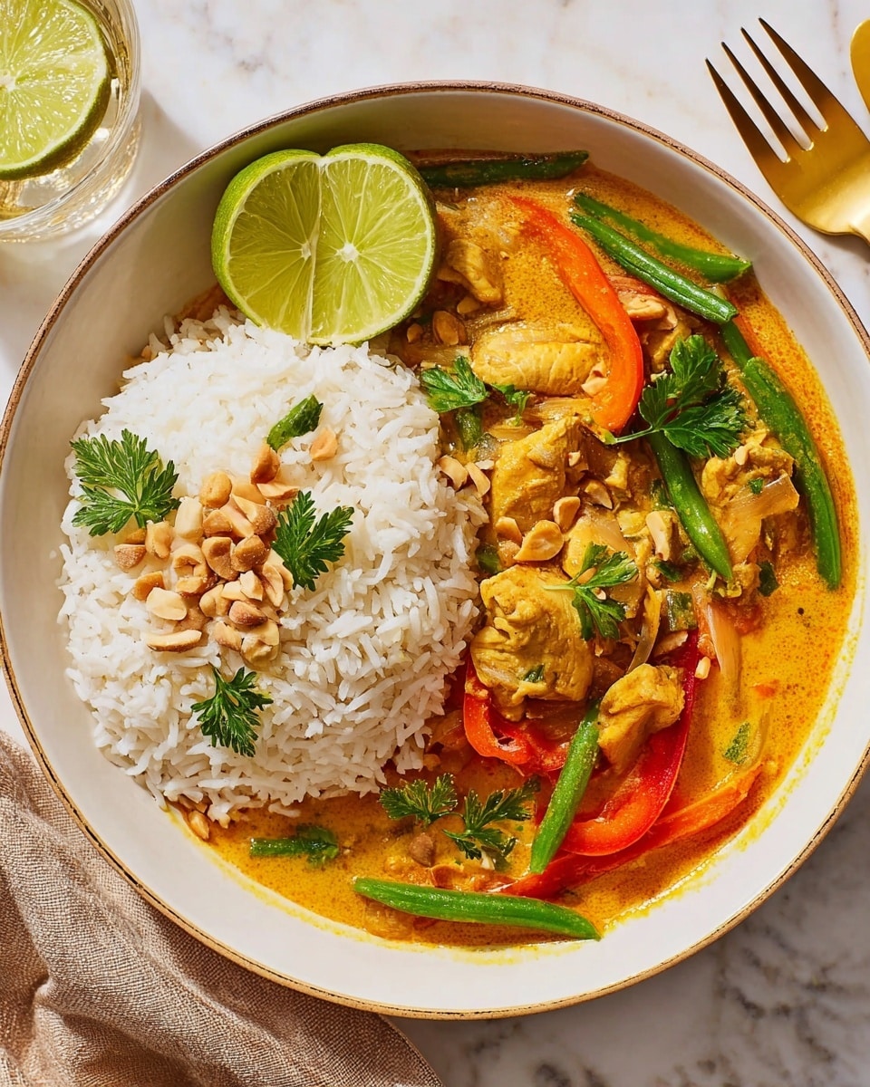 A white bowl contains two clear layers: on one side, a mound of white, fluffy rice topped with scattered peanuts and fresh green cilantro leaves, accented by a bright yellow-green lime half resting at the edge. On the other side, a creamy golden curry with tender chunks of chicken mixed with thin red bell pepper strips and crisp green beans, all coated in a rich, smooth sauce. The bowl is placed on a white marbled surface, with a golden fork and spoon resting on a beige cloth nearby. Photo taken with an iphone --ar 4:5 --v 7