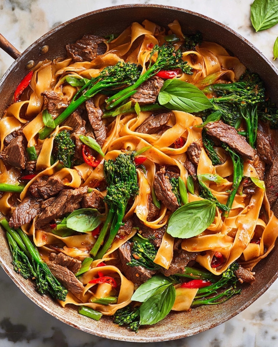 The image shows a large round pan filled with flat, wide noodles that are light brown and slightly glossy. Mixed with the noodles are several long strips of cooked beef, which are dark brown and have a textured surface. Bright green broccolini pieces and fresh green basil leaves are scattered throughout, adding contrast with their fresh, leafy look. Small red chili slices and bits of garlic are spread evenly, giving splashes of red and white throughout the dish. The pan rests on a white marbled surface, and soft natural light highlights the colors and textures of the ingredients. photo taken with an iphone --ar 4:5 --v 7