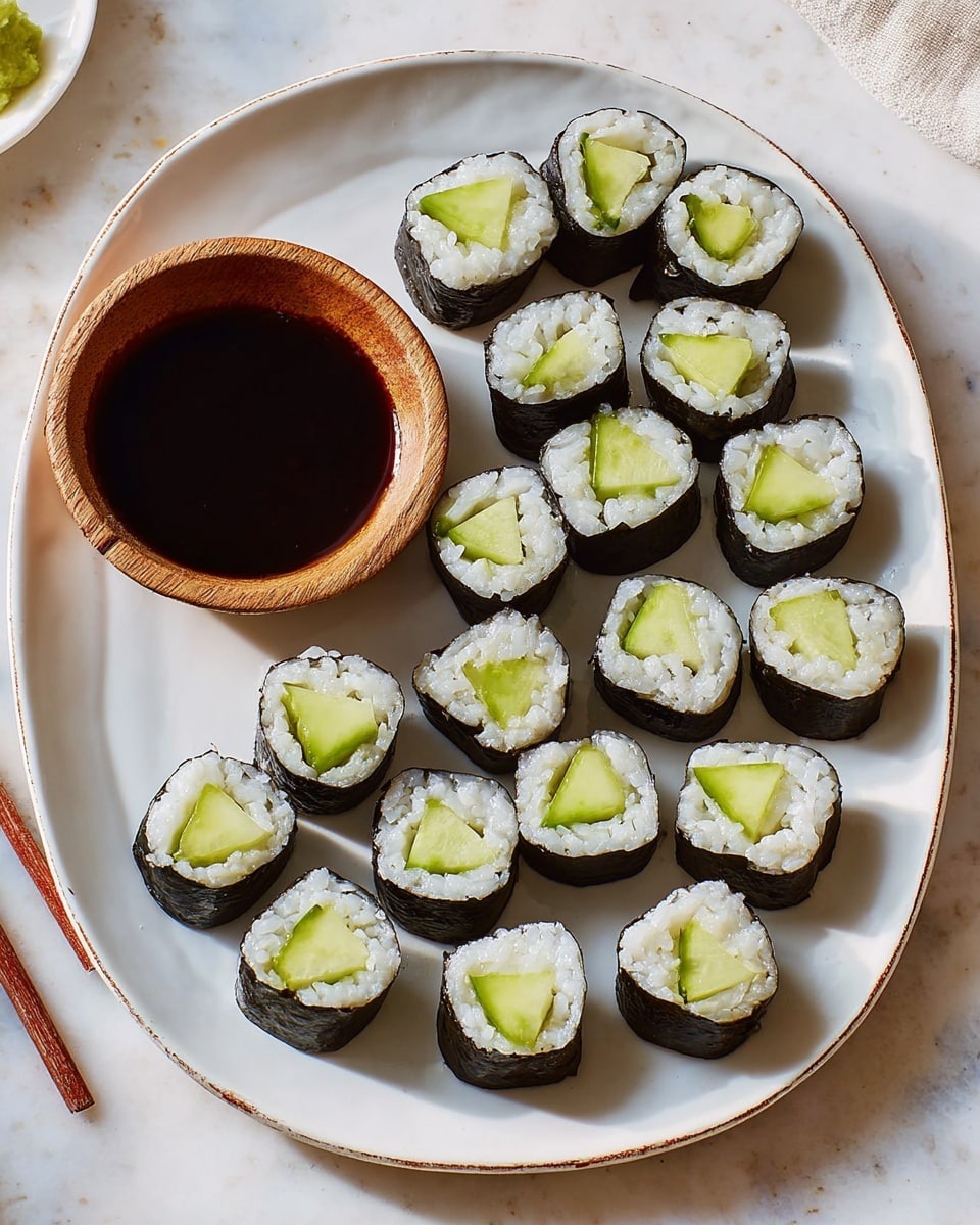 The image shows thirteen sushi rolls arranged on a white oval plate with a slightly speckled texture. Each sushi roll has three layers: a dark green seaweed outer layer, a middle layer of white rice with visible grains, and a bright green cucumber center cut into wedge shapes. Alongside the sushi, there is a small round wooden bowl filled with dark soy sauce placed near the bottom left of the plate. The plate sits on a white marbled surface, and there is a pair of red chopsticks visible near the top left corner of the image. photo taken with an iphone --ar 4:5 --v 7