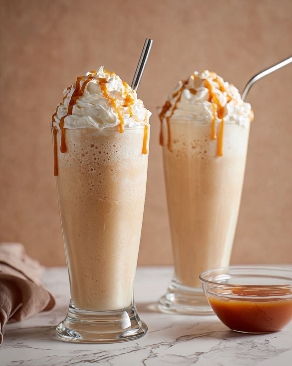 Two tall clear glasses stand side by side on a surface with a white marbled texture, each filled with a light caramel-colored frothy drink showing bubbles and foam near the top. Each glass is topped with a thick swirl of whipped cream in white, drizzled with golden caramel sauce. One glass has a silver bent straw inside while the other does not. A small clear bowl with caramel sauce sits blurred in the background on a white marbled surface. The background is a plain light brown shade. photo taken with an iphone --ar 4:5 --v 7