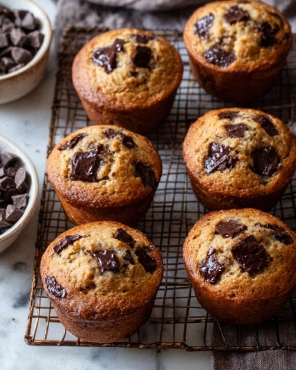 The image shows six chocolate chip muffins with golden-brown tops that are slightly cracked, revealing soft, light beige interiors studded with dark brown chocolate chunks. The muffins sit on a brown metal cooling rack, placed on a white marbled surface. In the background, there is a white bowl filled with chocolate pieces, with a striped cloth partially visible behind it. The scene has natural lighting that highlights the texture of the muffins and chocolate chips. photo taken with an iphone --ar 4:5 --v 7