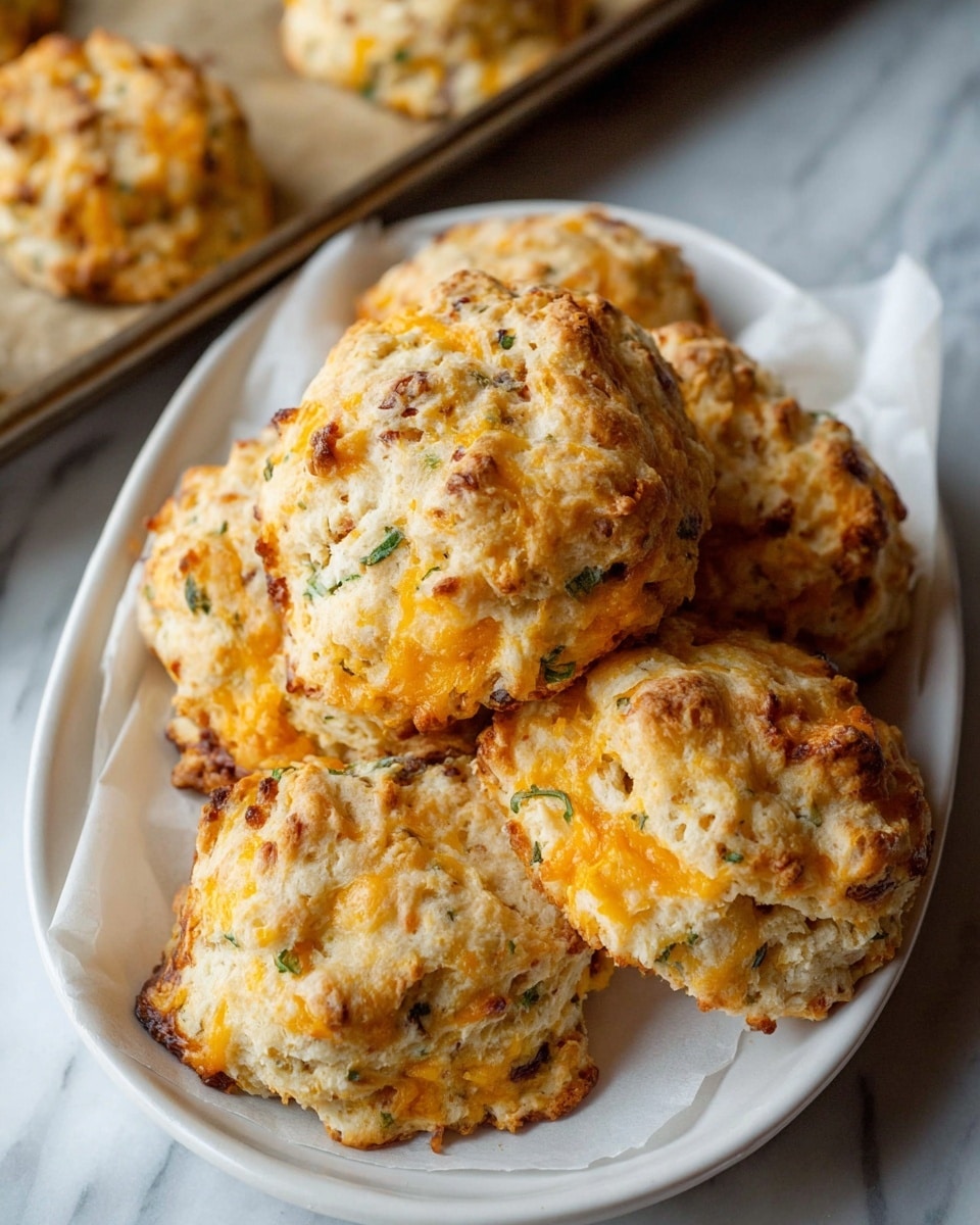 A white rectangular plate holds five rough, round biscuits with a golden-brown crust and a soft, crumbly texture showing through. Each biscuit has small bits of darker brown, green, and yellow ingredients mixed in, creating spots of color across the light beige dough. The biscuits are arranged closely together on a piece of parchment paper on the plate. In the background, a metal baking tray holds a few more biscuits, set on a white marbled texture surface with a cloth featuring red stripes partially visible beneath the tray. photo taken with an iphone --ar 4:5 --v 7