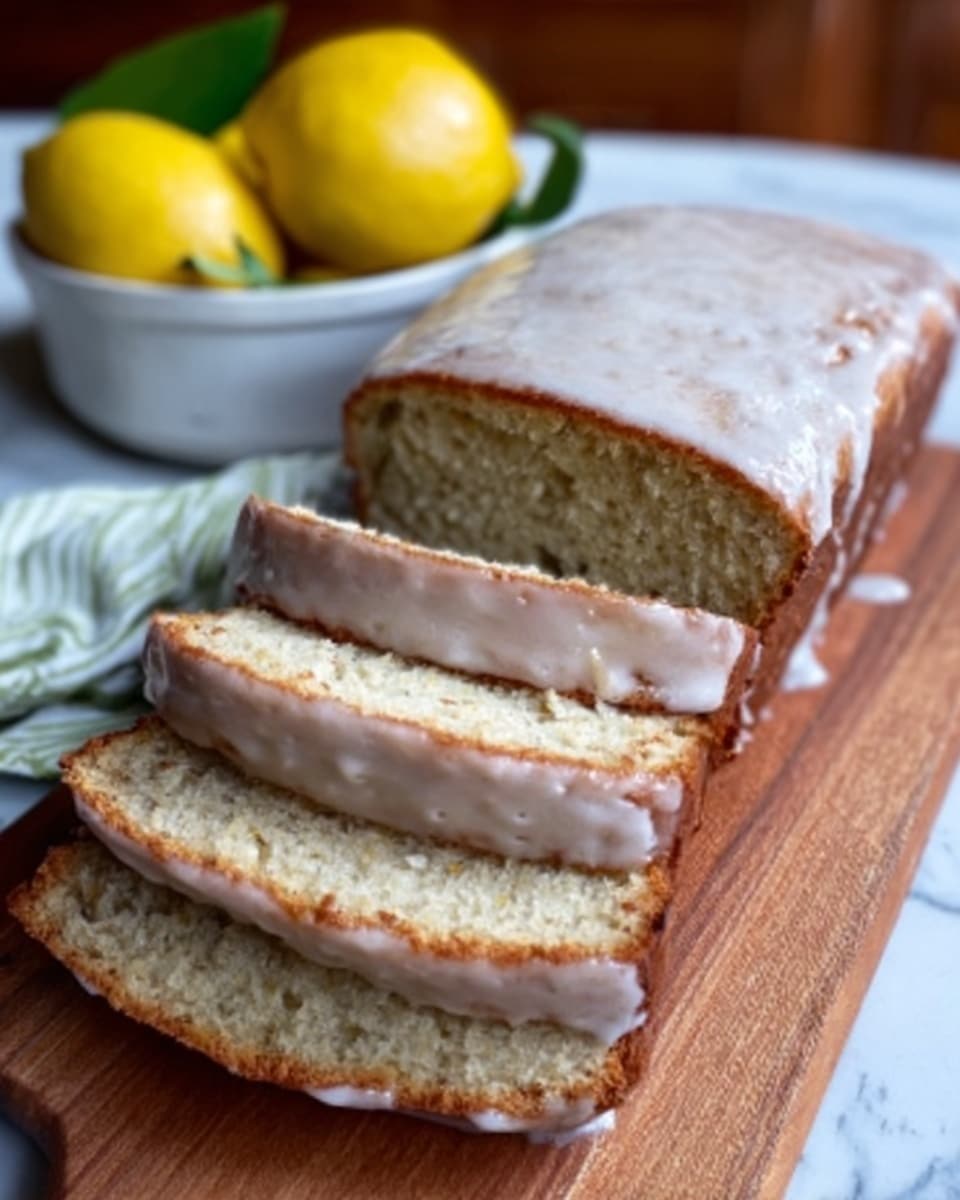 A loaf of bread is placed on a wooden cutting board on a white marbled surface. The bread has a light brown crust and a white icing layer spread thickly on top, with some texture that looks slightly rough but smooth overall. The bread is partially sliced, showing the inside which is light beige with small dark specks evenly spread in the soft texture. In the background, there is a white bowl with lemons, adding a pop of yellow color softly out of focus. photo taken with an iphone --ar 4:5 --v 7