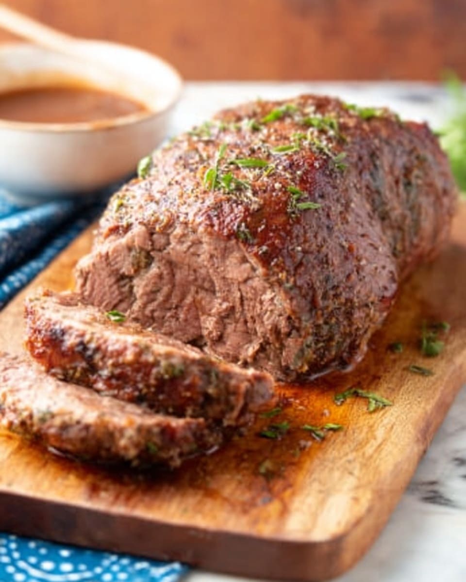 A long, roasted beef meatloaf sits on a wooden board, its outer layer a crispy dark brown with a textured crust of herbs and spices. Small green chopped herbs are sprinkled on top and around it, adding a fresh touch. The background shows a white marbled surface with some green chives placed casually beside the board. photo taken with an iphone --ar 4:5 --v 7