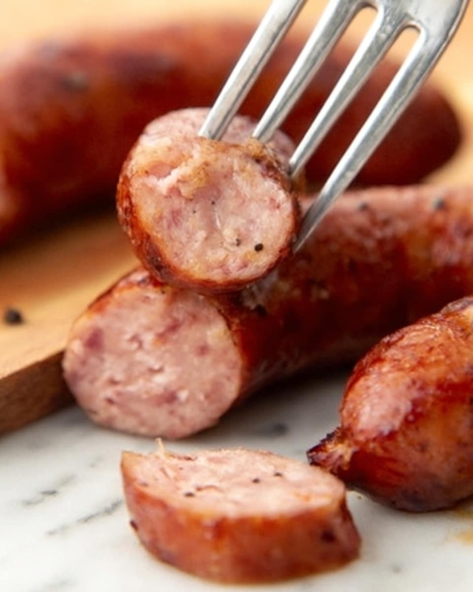 The image shows a close-up of sliced cooked sausage with a brown, slightly crispy outer skin and a pinkish inside with visible bits of seasoning. One piece is held by a silver fork above a white marbled surface, with whole and sliced sausages resting near it. The sausages look juicy and well-cooked, with a soft texture inside and a shiny, browned outside. photo taken with an iphone --ar 4:5 --v 7