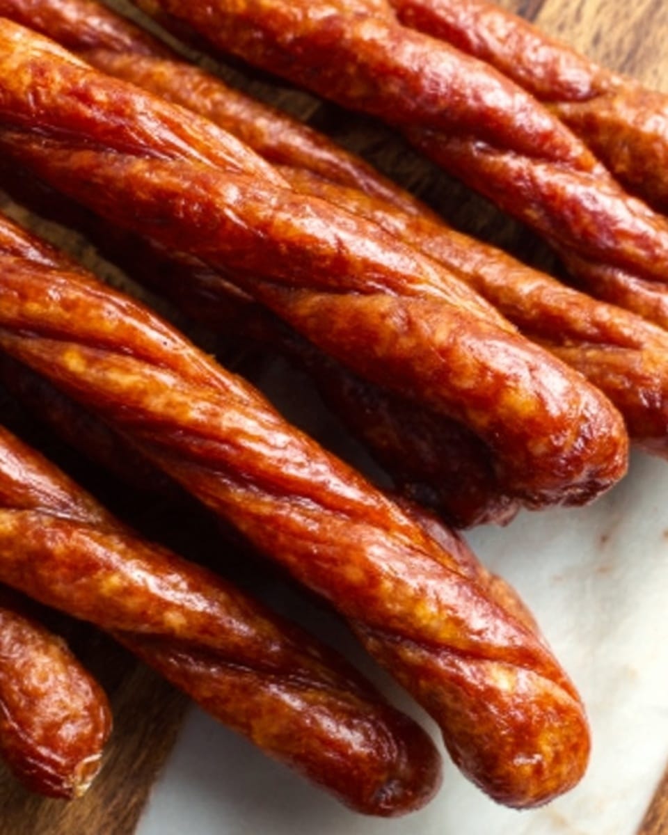 The image shows several long, twisted sausages with a shiny, reddish-brown color and slightly wrinkled texture. They are arranged closely together on a white marbled surface, with the sausages overlapping and creating a sense of depth. The lighting highlights their glossy, cooked outer skin, giving the sausages a rich, appetizing look. photo taken with an iphone --ar 4:5 --v 7