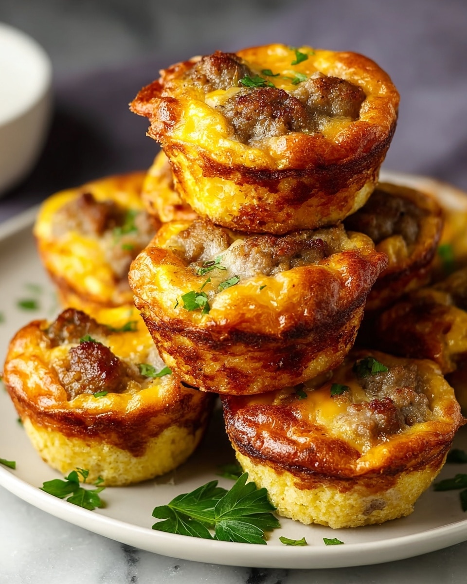 The image shows a stack of six savory muffins on a white plate against a white marbled surface. Each muffin has three visible layers: the bottom layer is golden brown with a crispy texture, the middle layer is soft and yellow from melted cheese, and the top layer has browned, round sausage pieces embedded in the cheese. The muffins have a slightly rough and crispy edge with hints of melted cheese. Small green parsley leaves are scattered on the plate as garnish around the muffins. Photo taken with an iphone --ar 4:5 --v 7