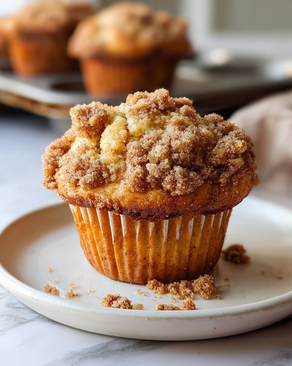 A close-up view of a single muffin on a white plate, showing two main layers: the bottom layer is a golden-brown baked muffin with a slightly ridged texture from the paper liner, and the top layer is a crumbly streusel topping with light brown and sugar granules, unevenly spread and chunky, with some crumbs scattered on the plate. The background features a blurred second muffin on a white plate and a soft white marbled surface beneath. The lighting highlights the texture of the crumb topping and the moistness of the muffin cake. photo taken with an iphone --ar 4:5 --v 7