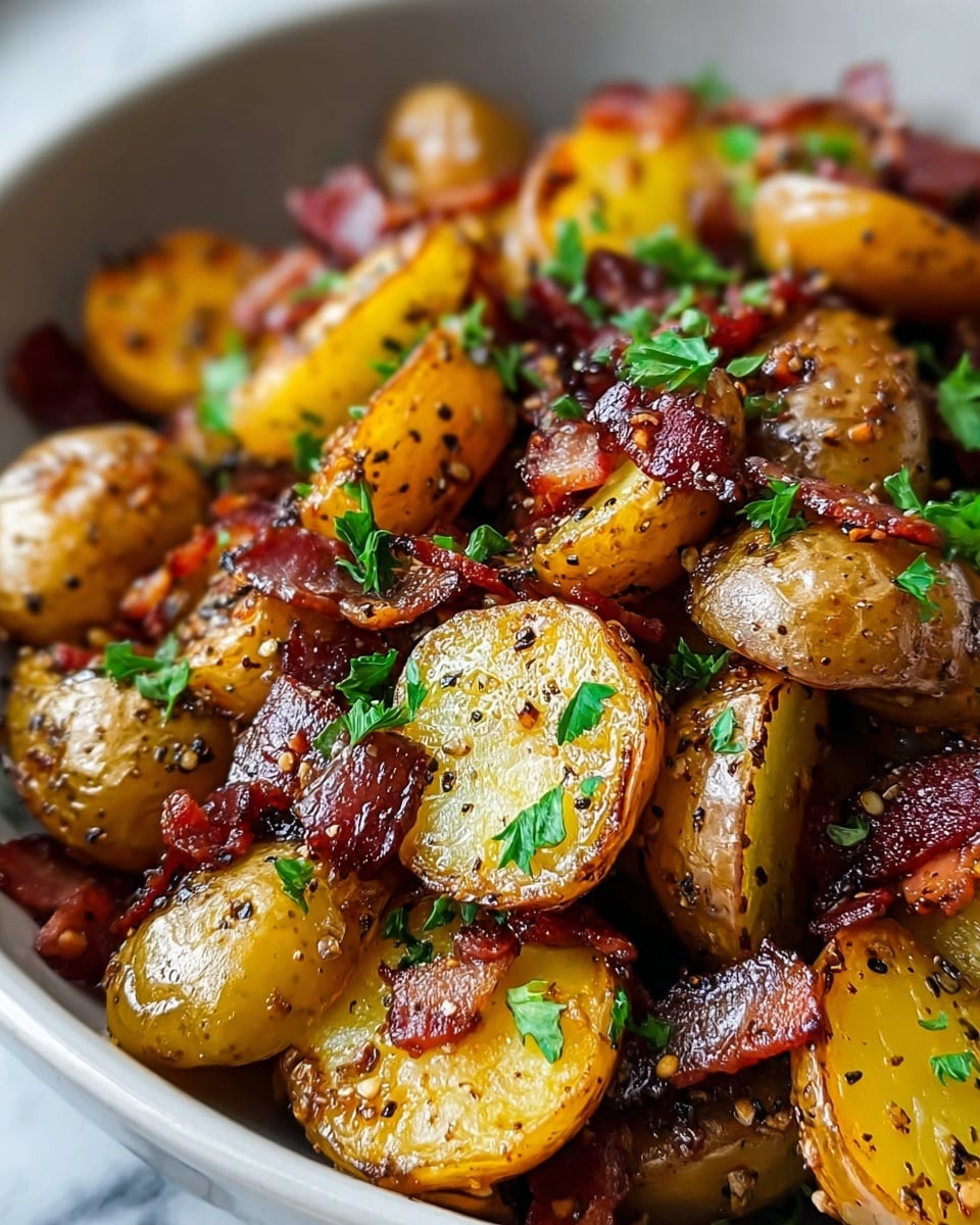 The image shows a close-up of a bowl filled with roasted baby potatoes cut into halves with a golden brown, crispy outer surface. Mixed evenly with the potatoes are small pieces of dark red-brown crispy bacon. The dish is scattered with bright green fresh chopped parsley leaves, adding a fresh contrast to the warm colors. The inside of the potatoes is a soft yellow, and some pieces show a slight char. The bowl is white, and the background has a white marbled texture. photo taken with an iphone --ar 4:5 --v 7