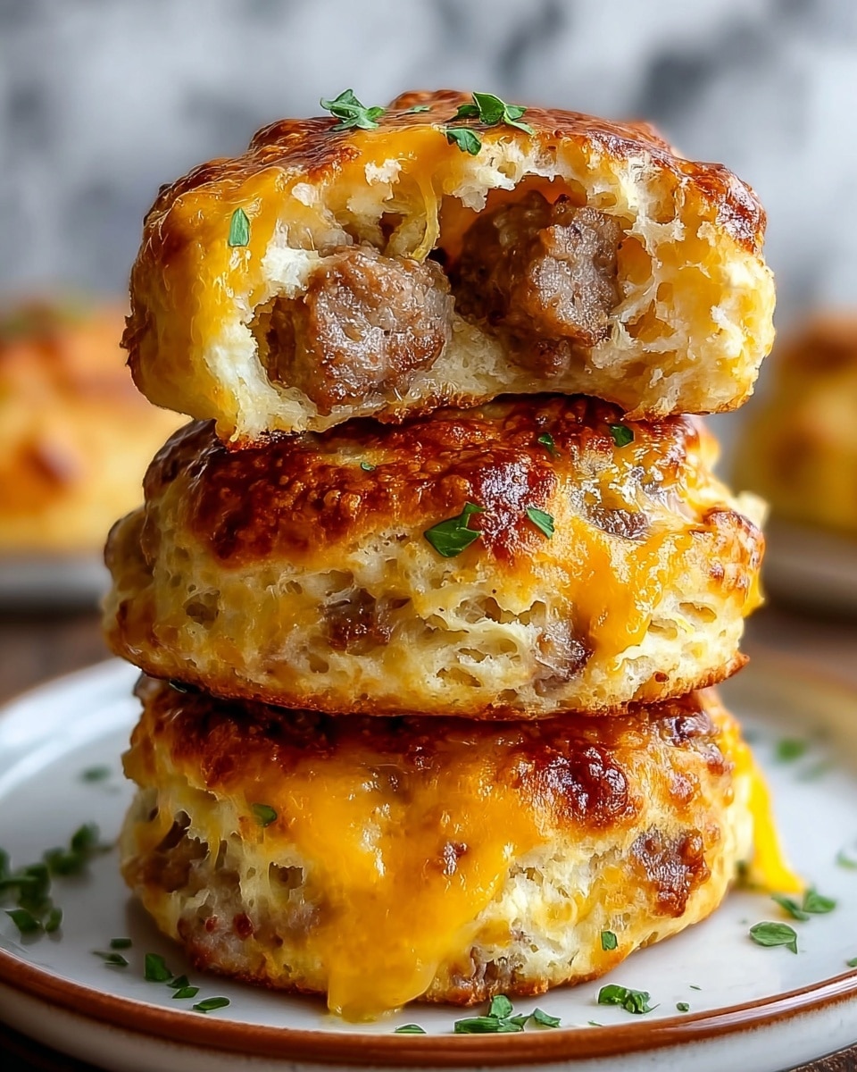 This image shows a stack of three sausage and cheese biscuits on a white plate with a white marbled surface below. Each biscuit has layers of flaky, golden-brown crust with visible air pockets. The top biscuit is split open, revealing a layer of browned sausage pieces mixed with melted bright orange cheese dripping slightly. Small green herb leaves are sprinkled on top, adding a fresh touch. The middle and bottom biscuits also show melted cheese oozing between their layers, enhancing the texture and color contrast. photo taken with an iphone --ar 4:5 --v 7