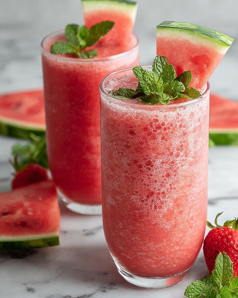 Two tall clear glasses are filled to the top with a thick, pink watermelon smoothie that has a slightly frothy texture. Each glass is garnished with a triangular slice of watermelon with a green rind and black seeds, placed on the rim, along with a small sprig of fresh green mint leaves. The background shows a white marbled surface with scattered watermelon pieces and mint leaves, adding a fresh and summery feel to the scene. Photo taken with an iphone --ar 4:5 --v 7