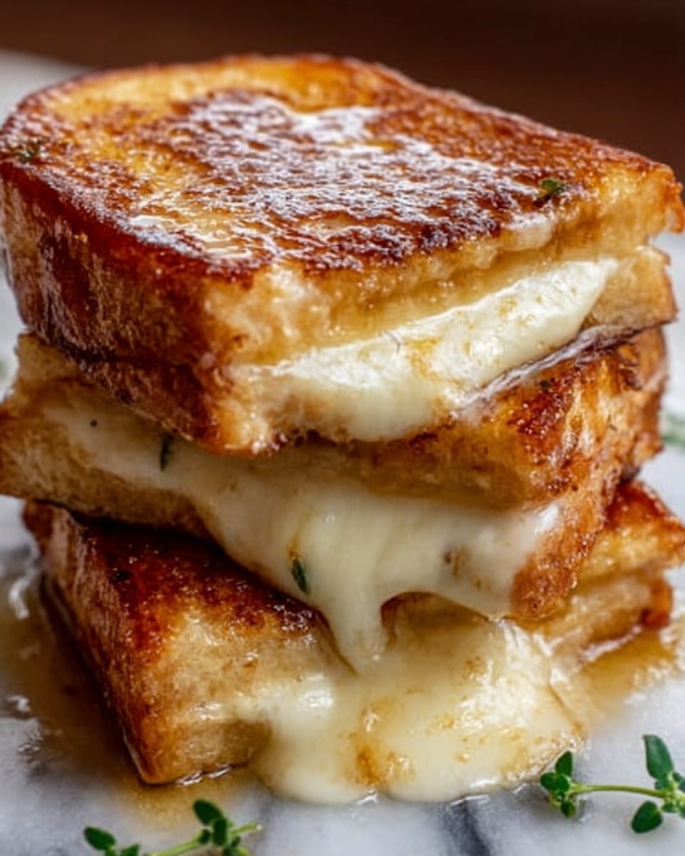 The image shows a close-up of a stack of three thick slices of grilled cheese sandwich with melted cheese oozing out between each golden brown layer. The bread has a crispy, toasted texture with a shiny, slightly oily surface. The melted cheese inside is creamy and smooth, with a light yellow color that contrasts with the darker toasted bread. The sandwich layers are stacked unevenly, giving a sense of richness and gooey freshness. The background is a white marbled texture. Photo taken with an iphone --ar 4:5 --v 7