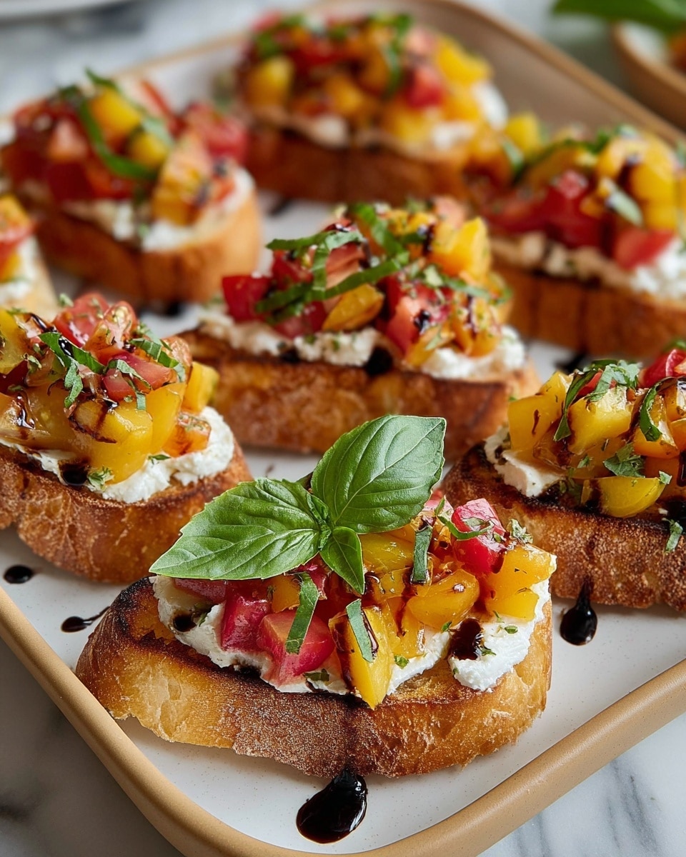 Slices of toasted bread form the base layer with a golden brown, slightly crispy texture. On top, there is a layer of soft white cheese spread evenly. The next layer consists of chopped yellow and red tomatoes, some with slight grill marks, giving a mix of bright yellow and red colors. Thin strips of fresh green basil are scattered over the tomatoes, and a glossy, dark balsamic glaze is drizzled artistically across the top. A whole basil leaf garnishes one piece, adding extra green contrast. All the slices are arranged on a white plate with a light brown edge, set against a white marbled texture surface. Photo taken with an iphone --ar 4:5 --v 7