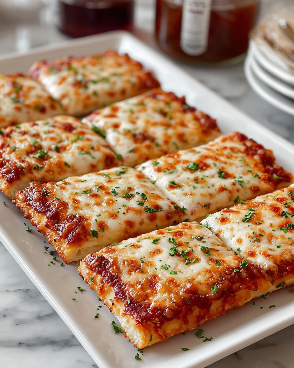 A white rectangular plate holds nine square slices of pizza laid out in three rows of three. Each slice features a golden brown crust that looks thick but soft, topped with a layer of red tomato sauce beneath a thick layer of melted mozzarella cheese. The cheese is creamy white with bubbly, browned spots all over, giving it a slightly crisp texture, and small bits of green herbs are scattered on top. The plate is set on a white marbled surface, with two small blurred bowls and a glass cup in the background. Photo taken with an iphone --ar 4:5 --v 7
